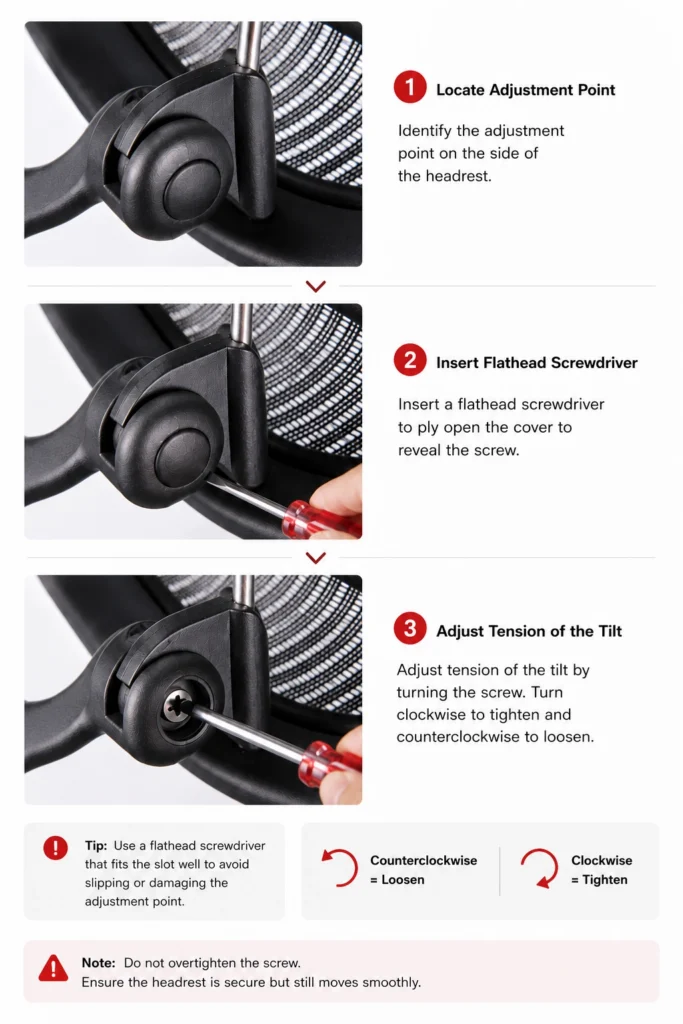 Location of the tension adjustment screw on the headrest